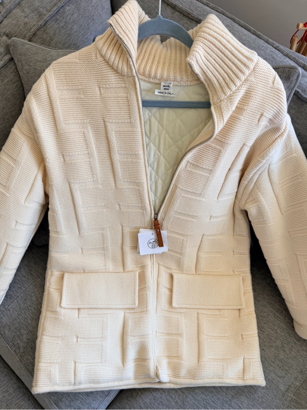 Hermes Cream Quilted Knit Zip-Front Jacket - Picture 2 of 6
